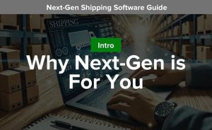 En person som använder modern fraktmjukvara på en laptop i en lagermiljö.